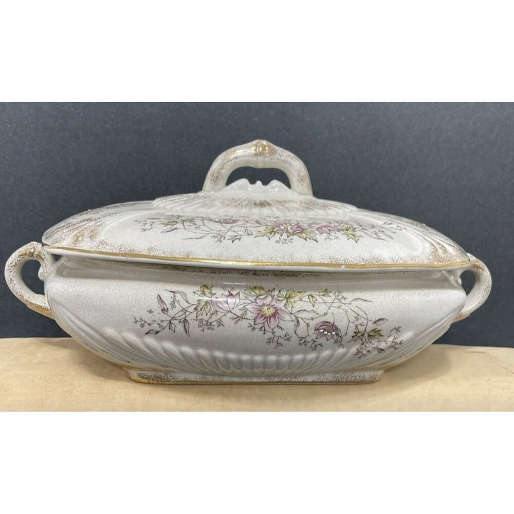T.E.P.P. Co. Antique White Ironstone Covered Dish Tureen Crazed Stained Floral